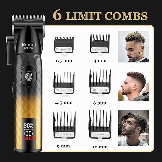 KEMEI KM-1782 Professional Cordless Hair Clipper – 2600mAh Battery, 9000 RPM Motor, LED Display, 6 Guide Combs  Product Praise:  Built for performance and comfort,