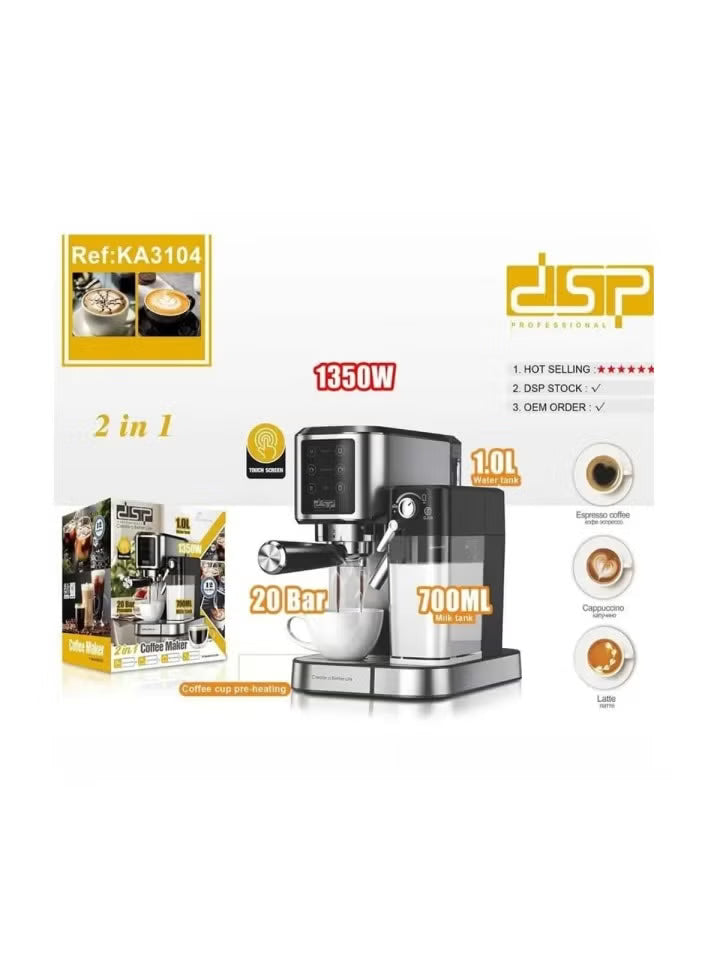 DSP KA3104 Coffee Machine 1350W – Espresso, Cappuccino & Latte