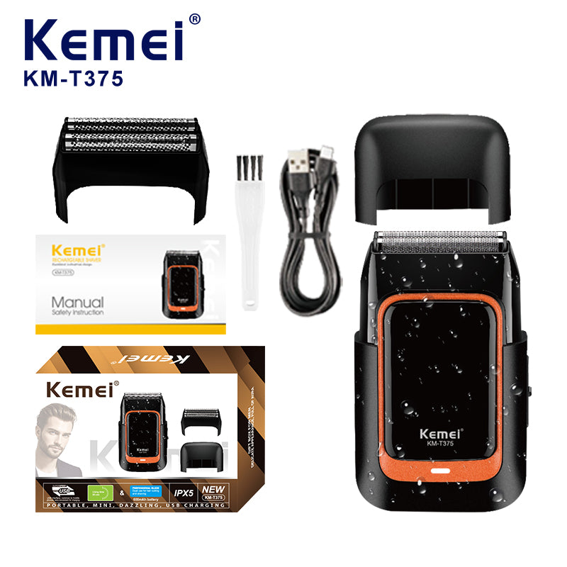 Kemei KM-T375 Foldable Rotary Shaver for Men – Twin Blade, TYPE-C Charging, 600mAh Battery, Metal Body