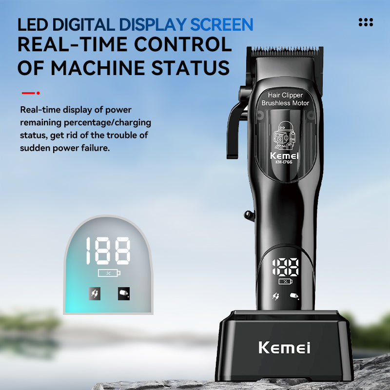 Kemei KM-1766 Professional Hair Clipper – Rechargeable USB Grooming Trimmer with LCD Display, 1500mAh Battery