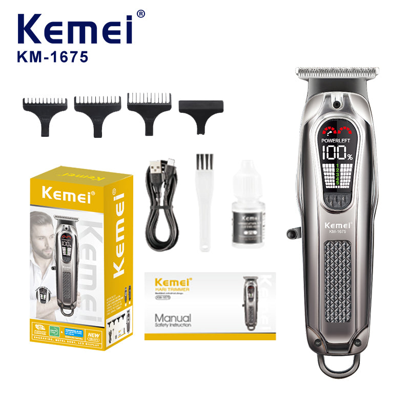 Kemei KM-1675 Professional Hair Clipper – LCD Display, USB Rechargeable, 1800mAh Battery, Adjustable Cutting Lengths
