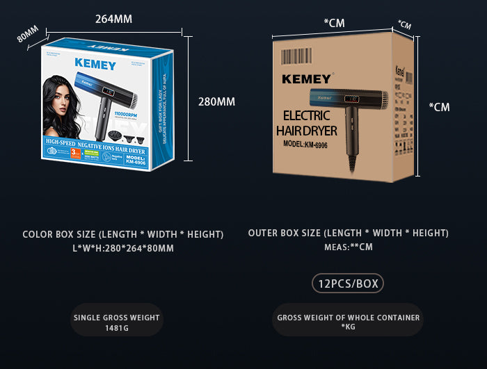 Kemei KM-6906 Professional Hair Dryer – 2000W AC Motor, Ionic Fast Drying, Diffuser Nozzle – High-Speed 110,000 RPM