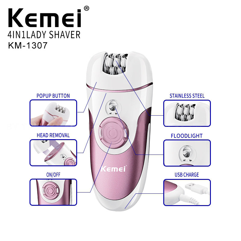 Kemei KM-1307 4-in-1 Women’s Grooming Kit – 2-Speed Settings, Built-in Light, Body & Legs Hair Trimmer
