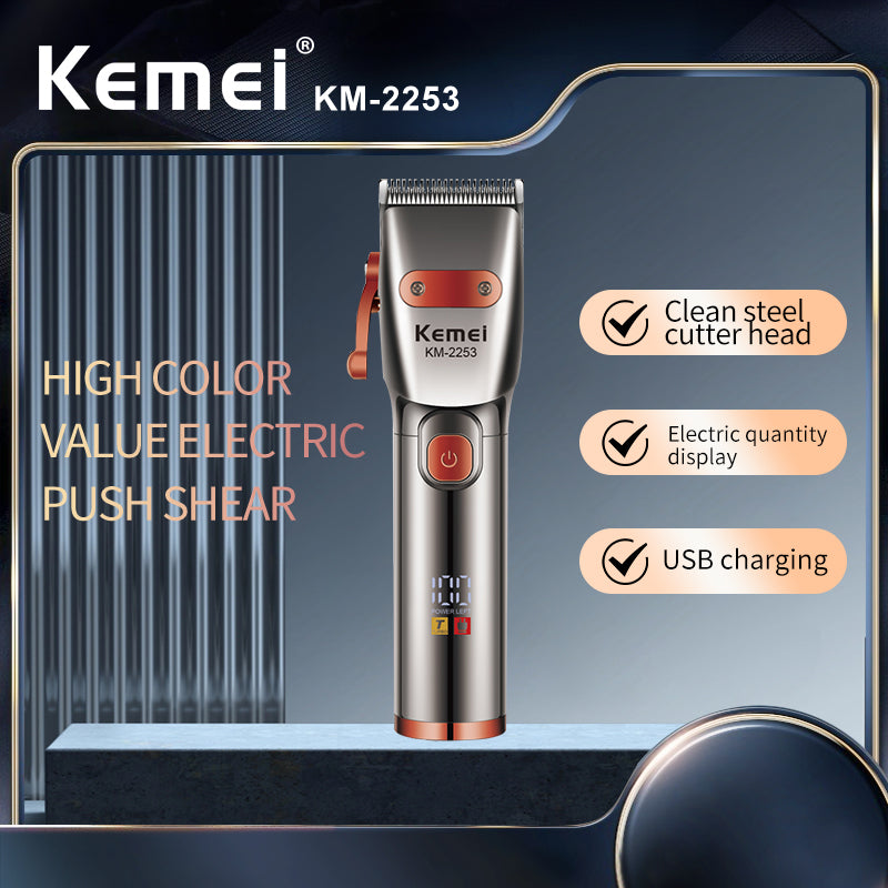 Kemei KM-2253 Professional Cordless Hair Clipper – USB Rechargeable Electric Trimmer with LED Display, Stainless Steel Blades