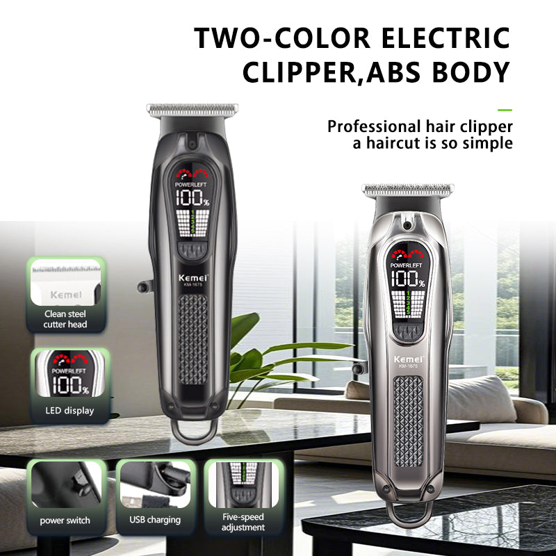 Kemei KM-1675 Professional Hair Clipper – LCD Display, USB Rechargeable, 1800mAh Battery, Adjustable Cutting Lengths