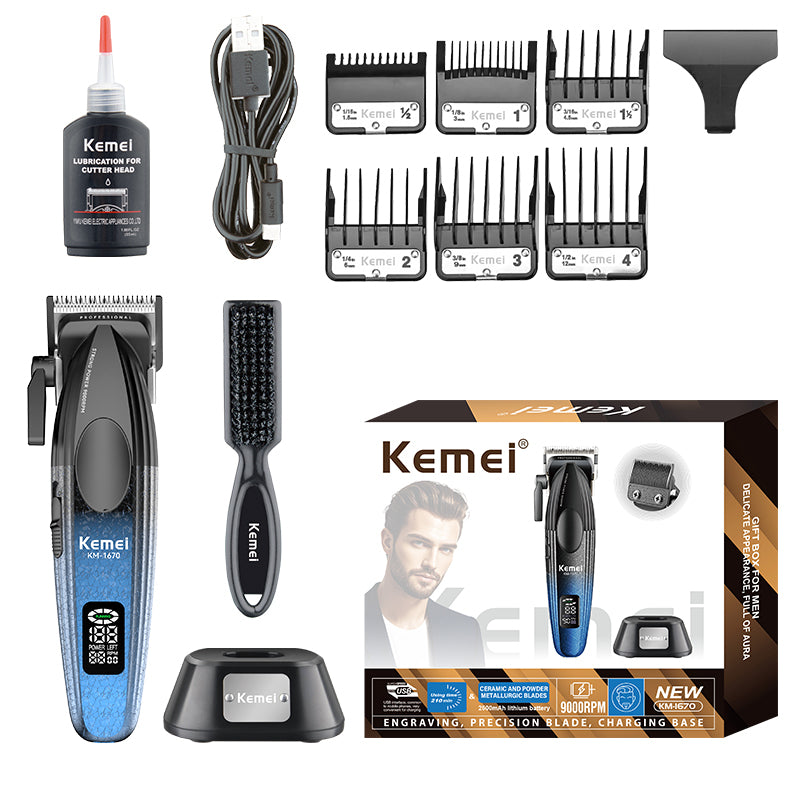 Kemei KM-1670 Professional Hair Trimmer – Rechargeable Cordless Hair Clipper with LCD Display