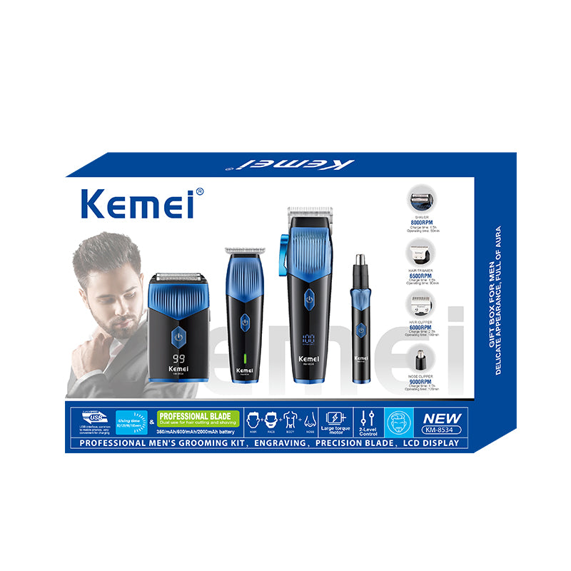 Kemei KM-8534 Professional 4-in-1 Grooming Kit – Hair Clipper, Trimmer, Foil Shaver & Nose/Ear Trimmer with USB Charging