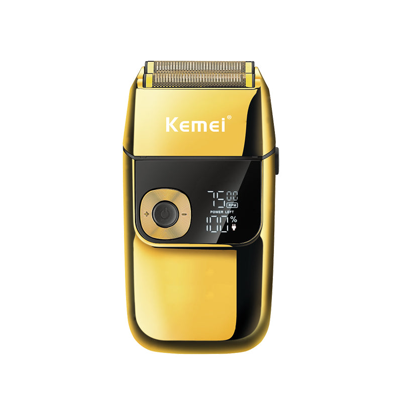 Kemei KM-2028 Electric Shaver for Men – Gold, Wet/Dry Use, LED Display, USB Rechargeable, Cordless Beard Trimmer
