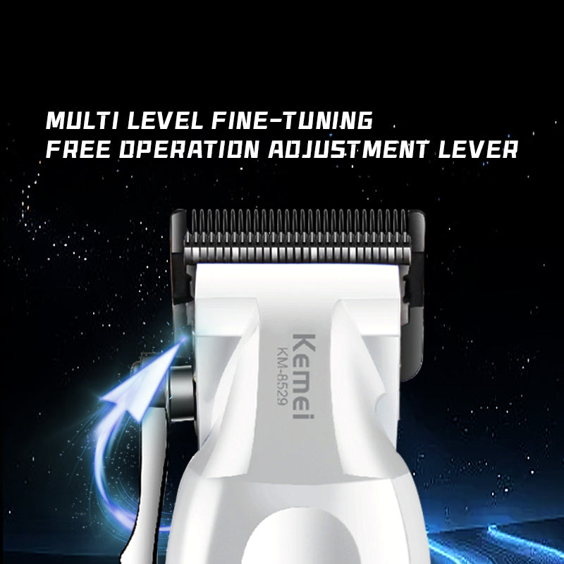 Kemei KM-8529 Professional Hair Clipper – USB Rechargeable, DLC Blade, LCD Display, Adjustable Speeds & Cutting Lengths
