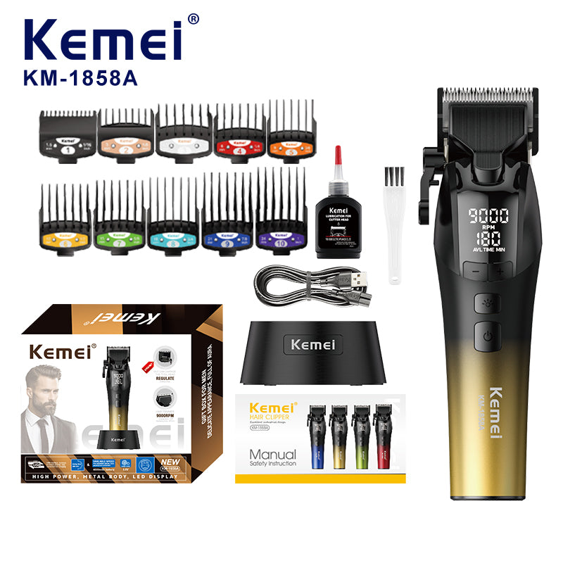KEMEI KM-1858A Professional Hair Clipper – Cordless, 6500mAh Battery, Adjustable Speeds, Fast Charging