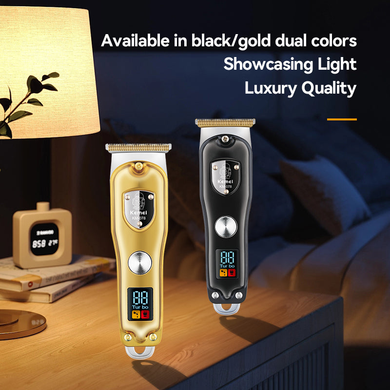 KEMEI KM-078 Gold Professional Hair Clipper & Beard Trimmer – 4 Combs, Skin-Friendly Carbon Steel Blade