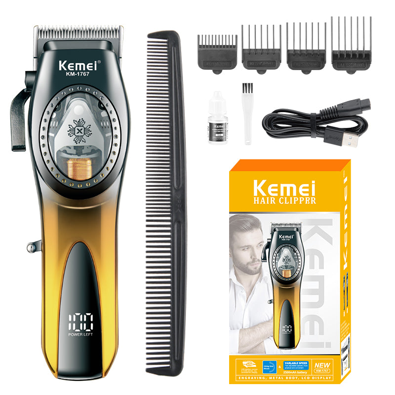 Kemei KM-1767 Professional Hair Clipper – Ceramic Blade, LCD Display & Fast Charging Trimmer