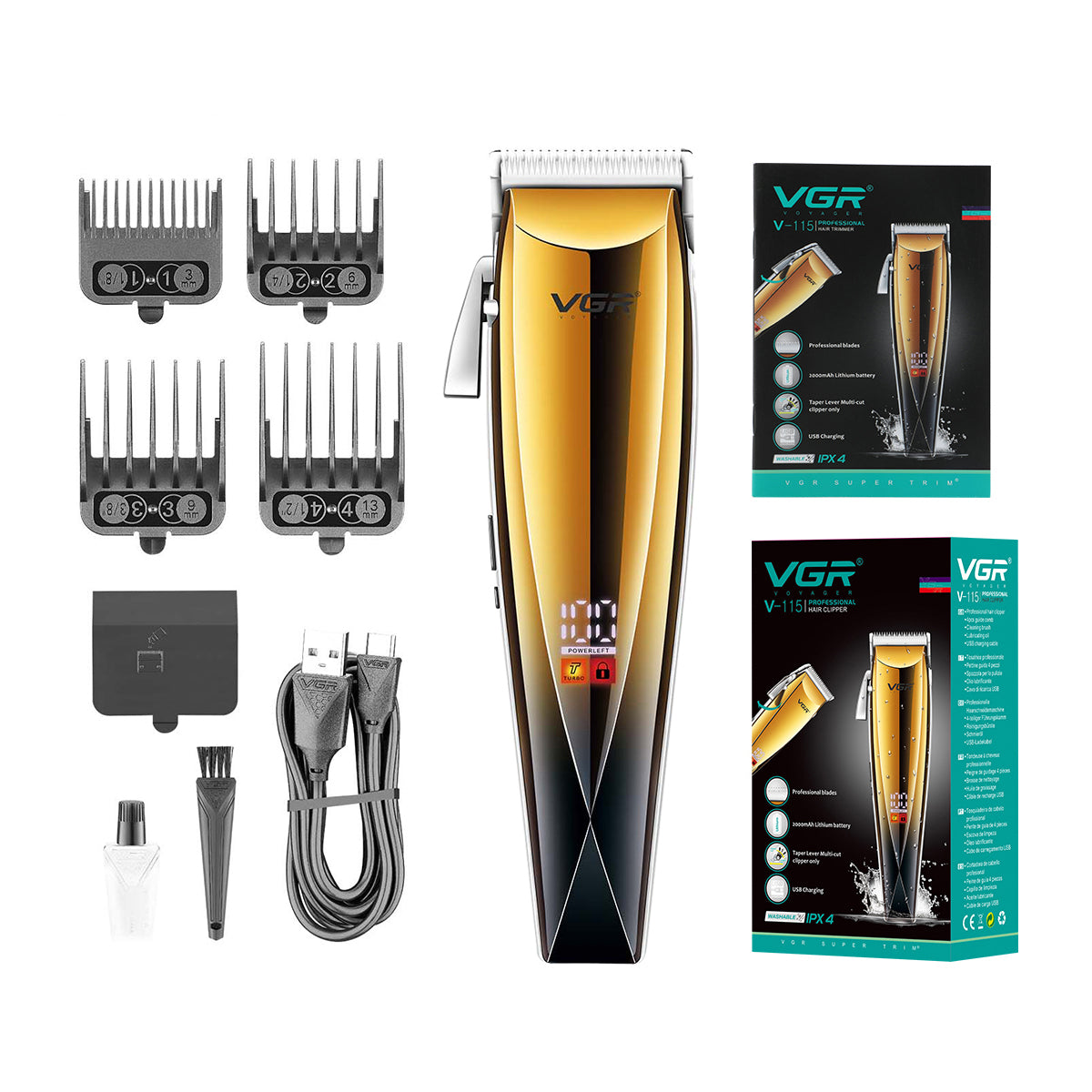 VGR V-115 Professional Hair Clipper – Cordless & Corded Trimmer with LED Display, Long Battery, Stainless Steel Blades