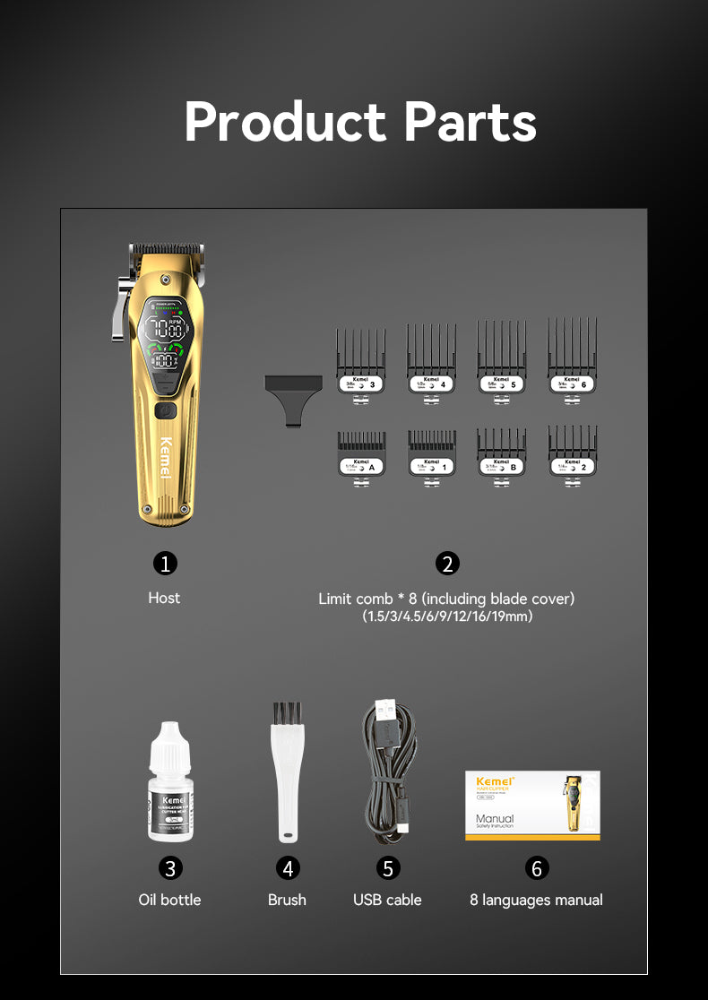 Kemei KM-1698 Gold Professional Hair Clipper – Ceramic Blade, 7000 RPM Motor, Adjustable Blade Level