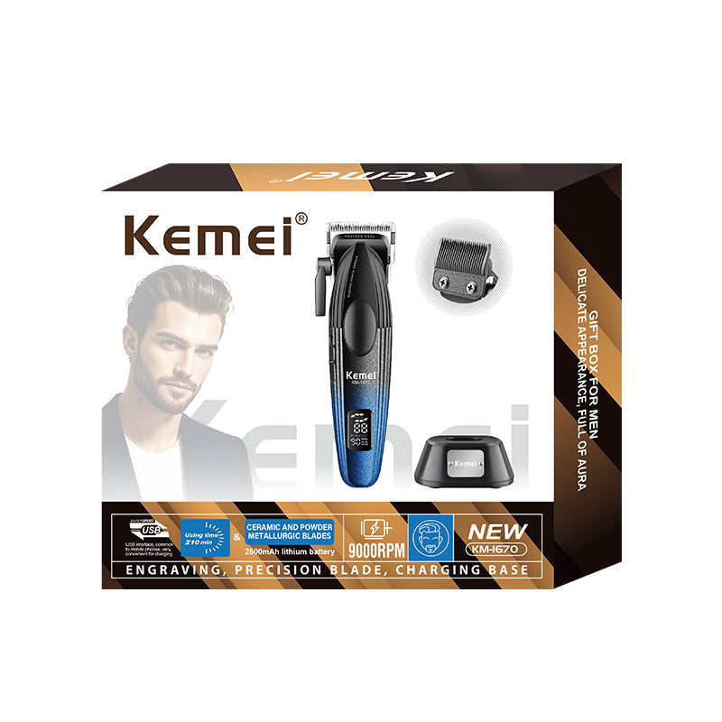 Kemei KM-1670 Professional Hair Trimmer – Rechargeable Cordless Hair Clipper with LCD Display