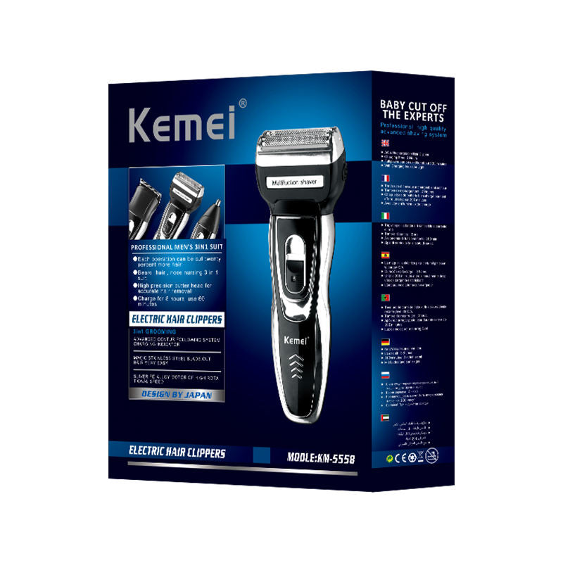 Kemei KM-5558 Multi-Function Shaver for Men – 3 Heads, High-Speed Motor, Dry Use, Friendly Design