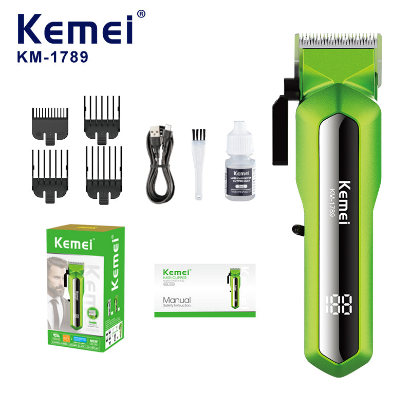 Kemei KM-1789 Professional Hair Clipper – Rechargeable Beard & Hair Trimmer with LED Display, Stainless Steel Blades