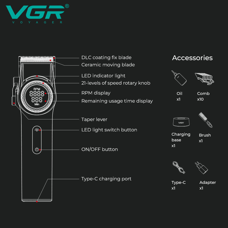 VGR V-001 Professional Cordless Hair Clipper – USB Powered, Ceramic Blades, Long Runtime Grooming Tool