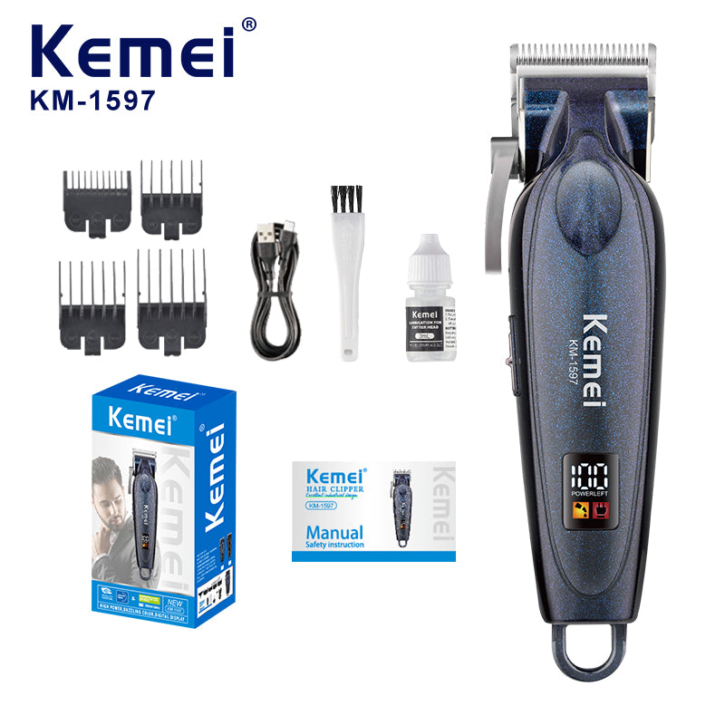 Kemei KM-1597 Professional Hair Clipper – LCD Display, 2000mAh Li-Ion Battery, Adjustable Speeds, Fast Charging