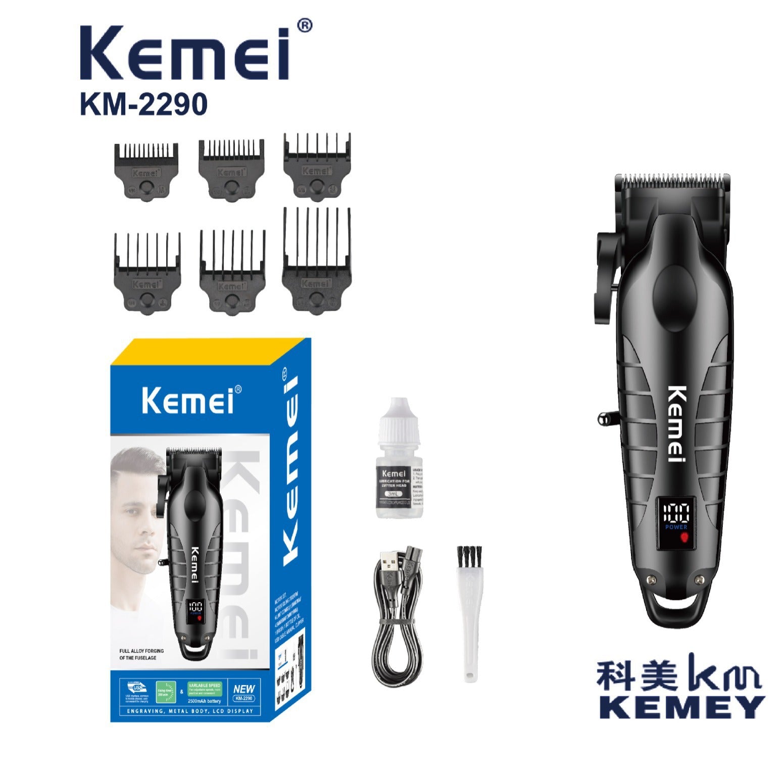 KEMEI KM-2290 Professional Hair Clipper – 2000mAh Battery, 350min Runtime, LCD Display, Waterproof, USB & Electric
