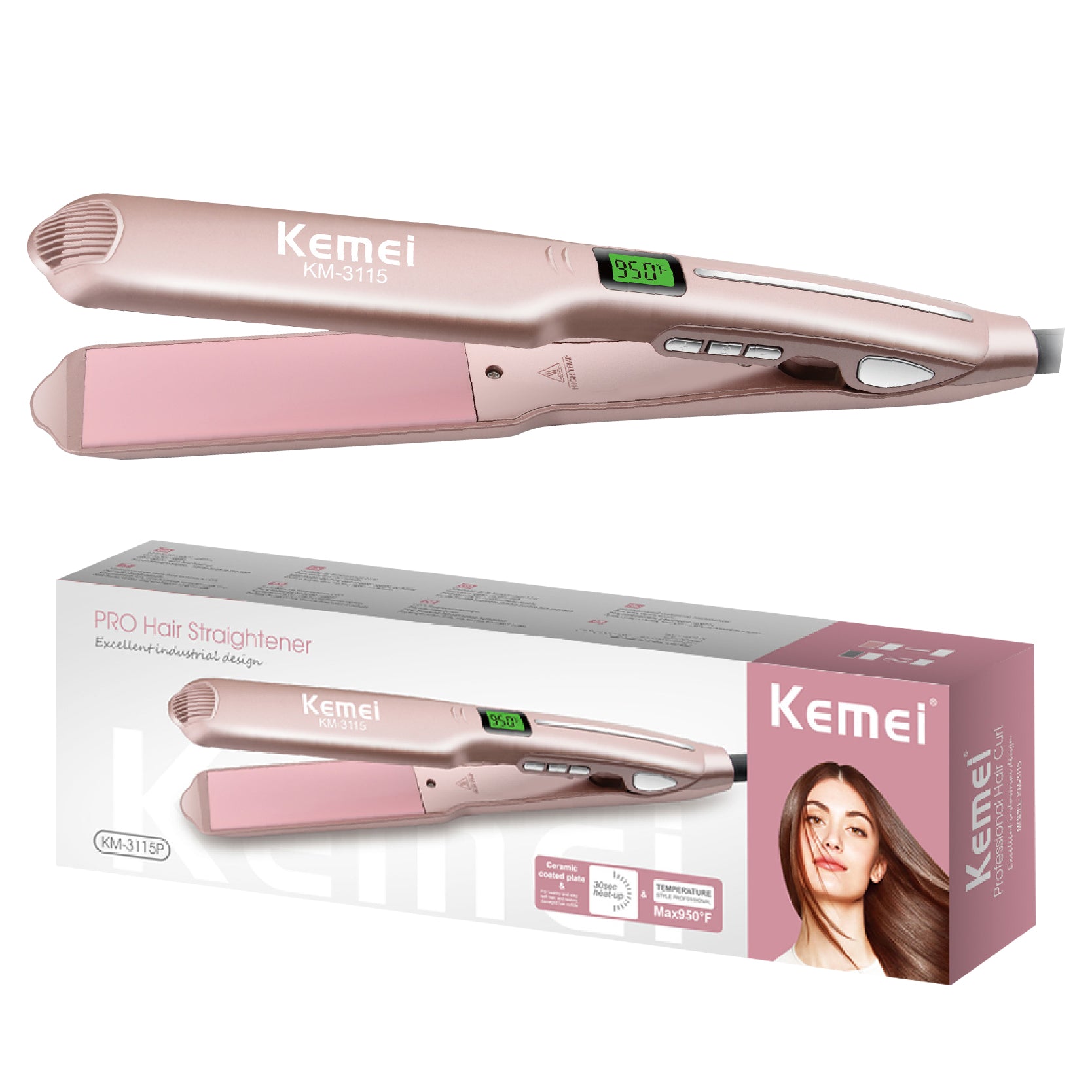 Kemei KM-3115 Titanium Hair Straightener – Dual Wet & Dry Styling, Fast Heating, LCD Display, 450°F–950°F – Custom Color