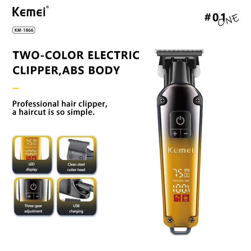 Kemei KM-1866 Professional Hair Clipper – Metal Body, LCD Display, Fast Charging, 1200mAh Battery, Adjustable Lengths