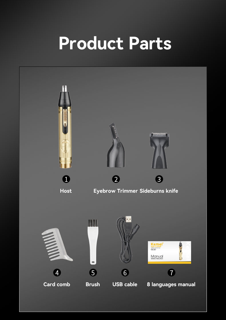 Kemei KM-133 4-in-1 Ear & Nose Hair Trimmer for Men – USB Powered, Portable, Easy Clean, Gold