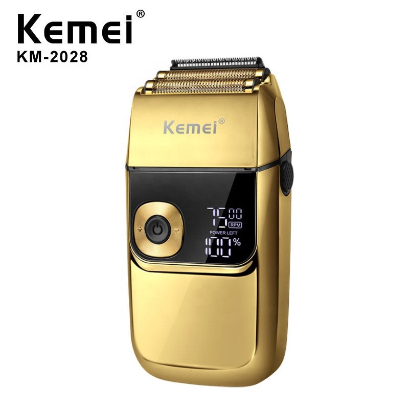Kemei KM-2028 Electric Shaver for Men – Gold, Wet/Dry Use, LED Display, USB Rechargeable, Cordless Beard Trimmer