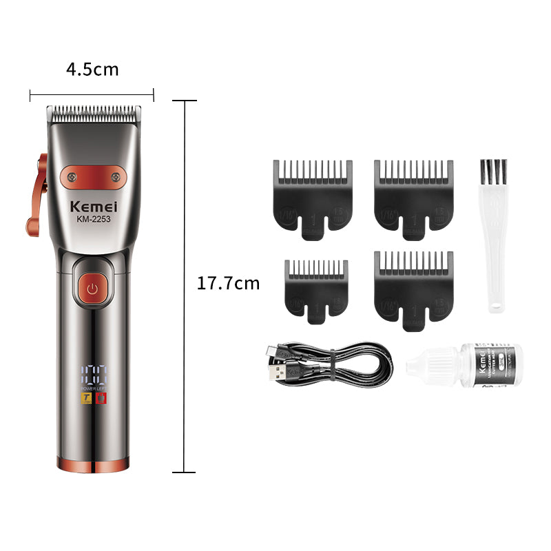 Kemei KM-2253 Professional Cordless Hair Clipper – USB Rechargeable Electric Trimmer with LED Display, Stainless Steel Blades