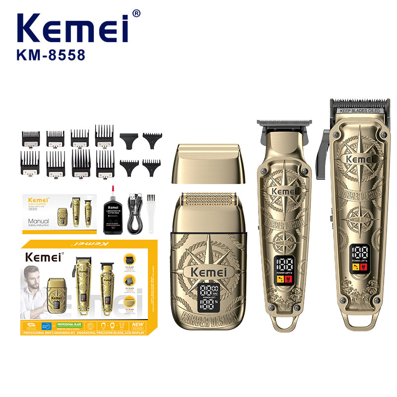 Kemei KM-8558 Professional Hair Clipper Trimmer Set – LCD Display, 7000–8500 RPM, Fast Charging, Adjustable Cutting Lengths