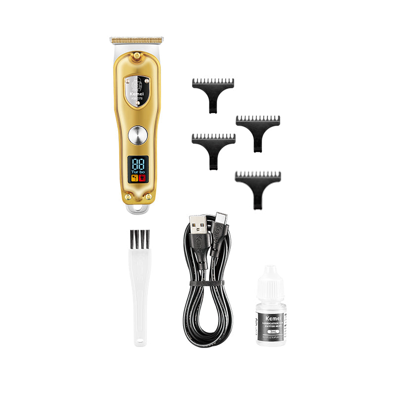 KEMEI KM-078 Gold Professional Hair Clipper & Beard Trimmer – 4 Combs, Skin-Friendly Carbon Steel Blade