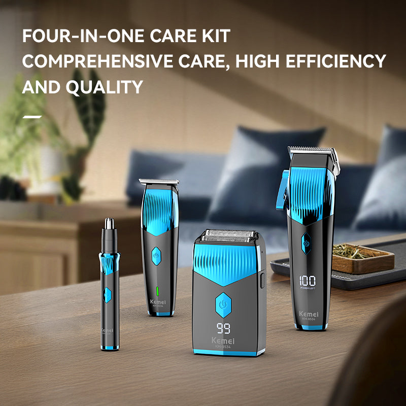 Kemei KM-8534 Professional 4-in-1 Grooming Kit – Hair Clipper, Trimmer, Foil Shaver & Nose/Ear Trimmer with USB Charging