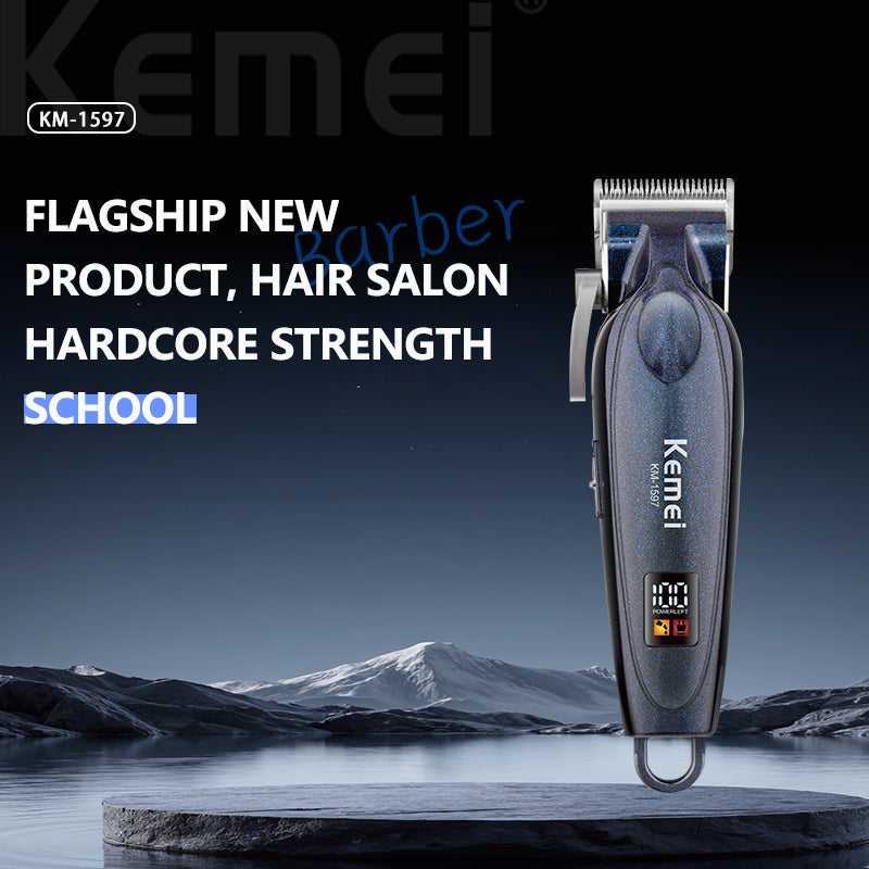 Kemei KM-1597 Professional Hair Clipper – LCD Display, 2000mAh Li-Ion Battery, Adjustable Speeds, Fast Charging