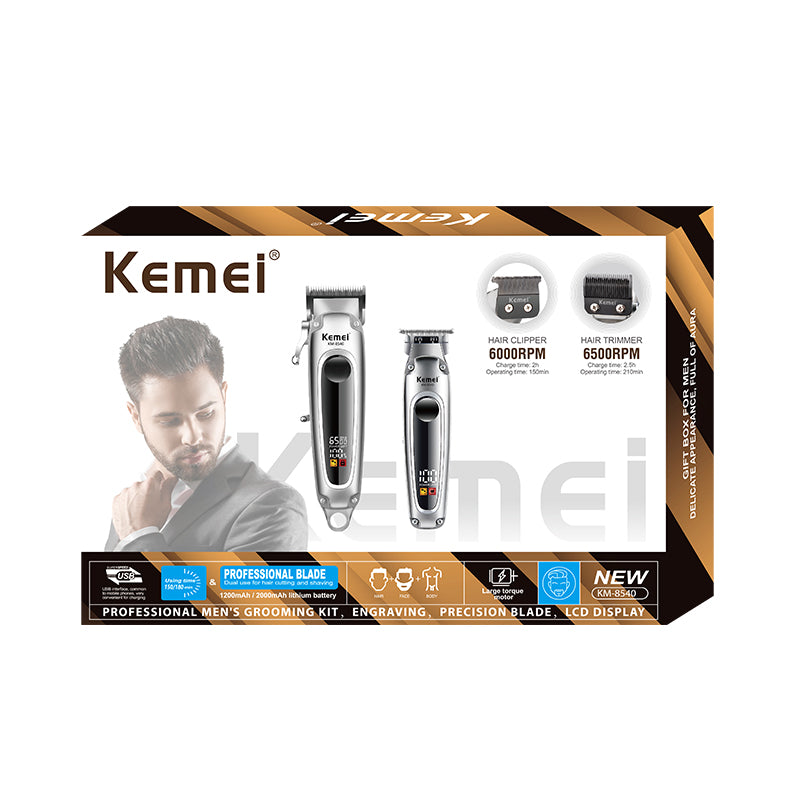 Kemei KM-8540 Professional Hair Clipper & Trimmer Set – Dual Blades, Ceramic Cutter, LED Display