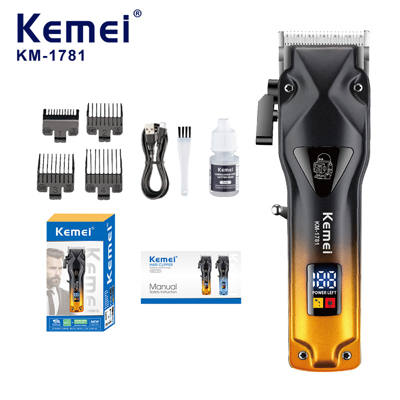 Kemei KM-1781 Professional Hair Clipper – LCD Display, 2000mAh Battery, Adjustable Cutting Lengths, Fast Charging
