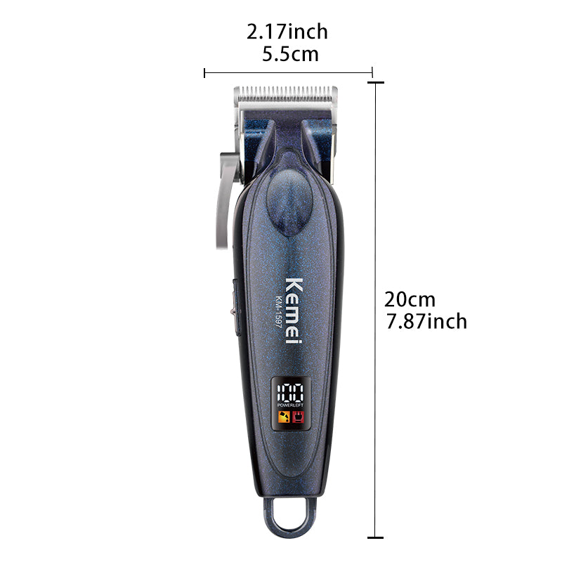 Kemei KM-1597 Professional Hair Clipper – LCD Display, 2000mAh Li-Ion Battery, Adjustable Speeds, Fast Charging