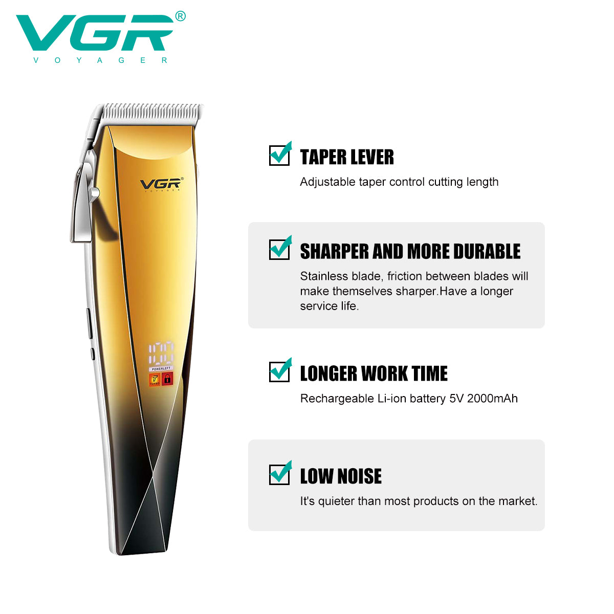 VGR V-115 Professional Hair Clipper – Cordless & Corded Trimmer with LED Display, Long Battery, Stainless Steel Blades