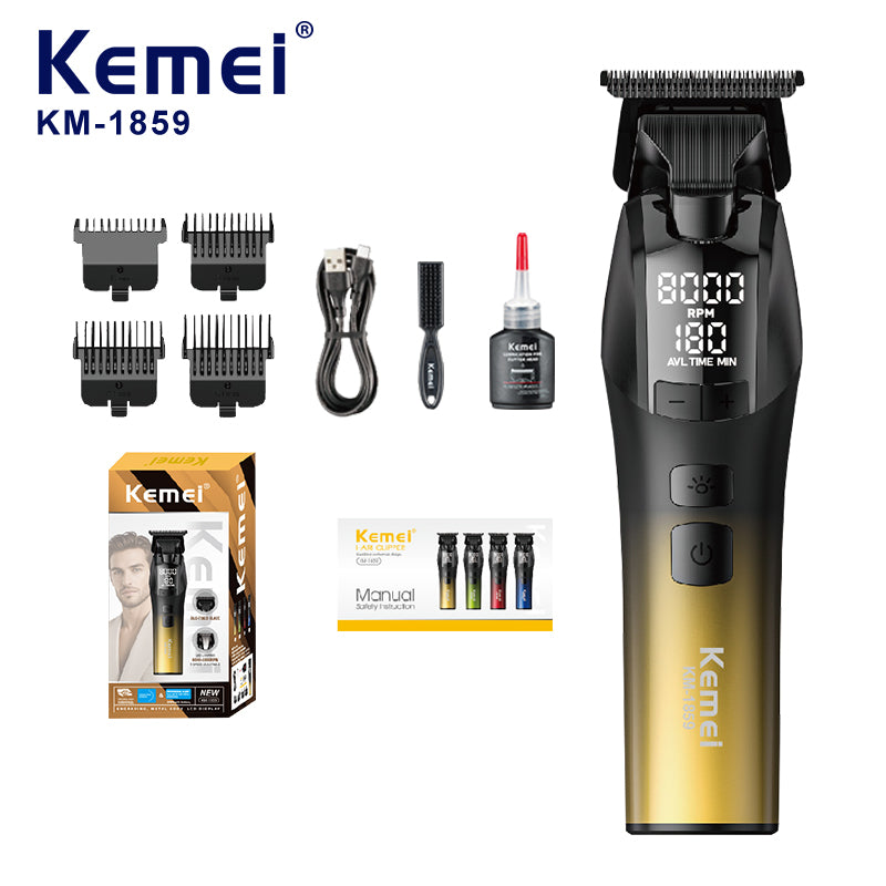 KEMEI KM-1859 Professional Hair Clipper – DLC Blade, 2000mAh Battery, LCD Display, USB/Electric, Adjustable Speeds