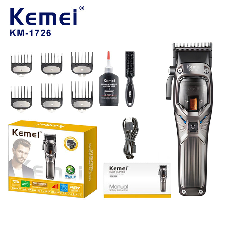 Kemei KM-1726 Professional Hair Clipper – USB Rechargeable, LCD Display, Adjustable Speeds & Cutting Lengths