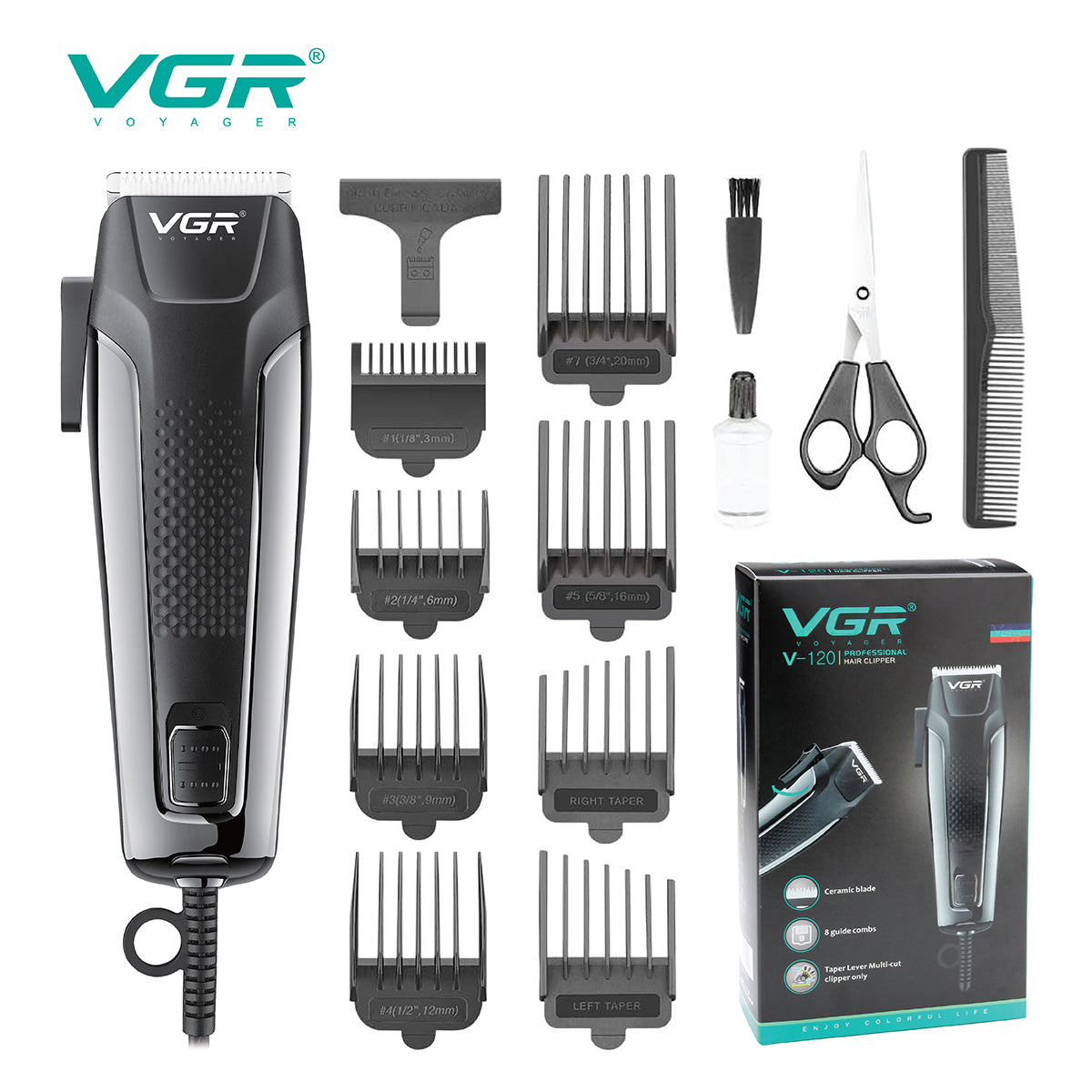 VGR-120 Professional Hair Clipper – Corded Electric Trimmer with 8 Comb Attachments & Adjustable Taper Lever