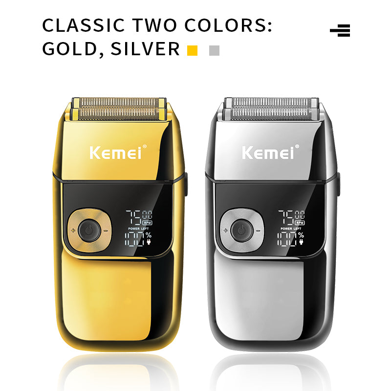 Kemei KM-2028 Electric Shaver for Men – Gold, Wet/Dry Use, LED Display, USB Rechargeable, Cordless Beard Trimmer
