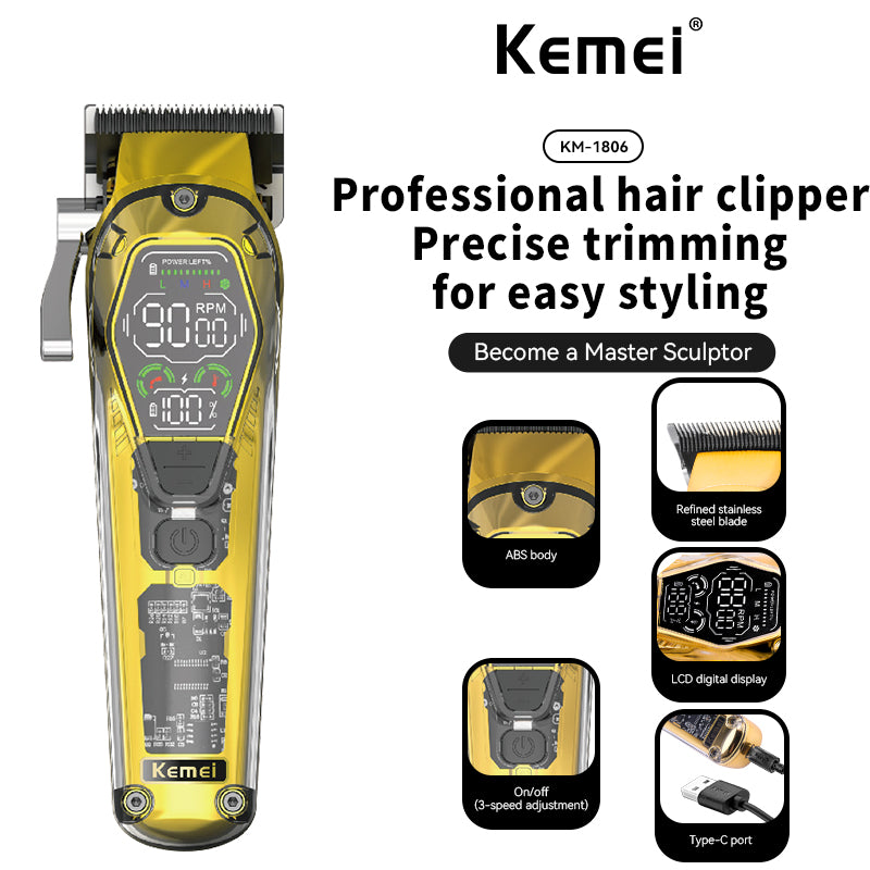 Kemei KM-1806 Professional Hair Clipper Kit – Cordless Electric Hair Trimmer with LCD, Fast Charging, Adjustable Speeds