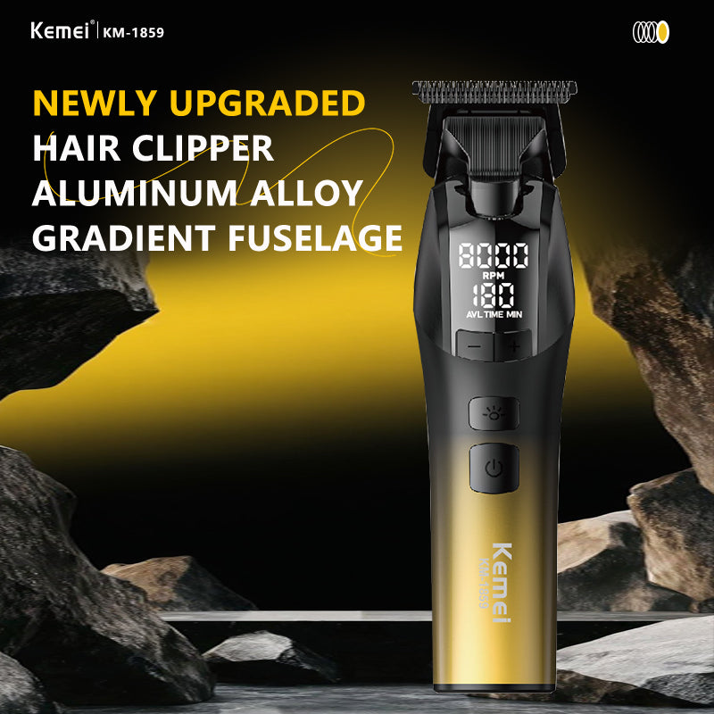 KEMEI KM-1859 Professional Hair Clipper – DLC Blade, 2000mAh Battery, LCD Display, USB/Electric, Adjustable Speeds