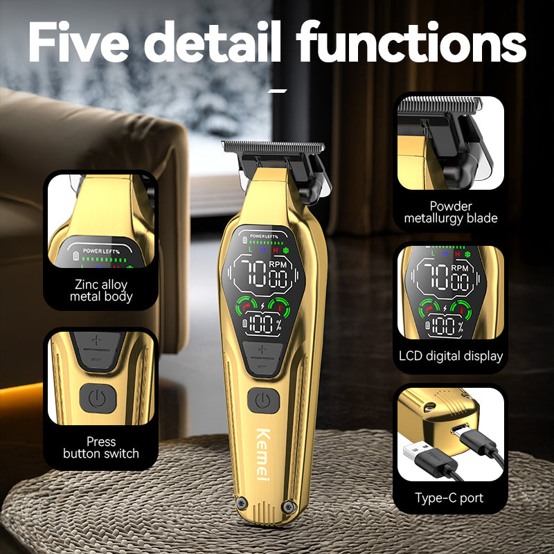 Kemei KM-1697 Professional Hair Clipper – Metal Body, LCD Display, 1400mAh Battery, Adjustable Cutting, 7W Power
