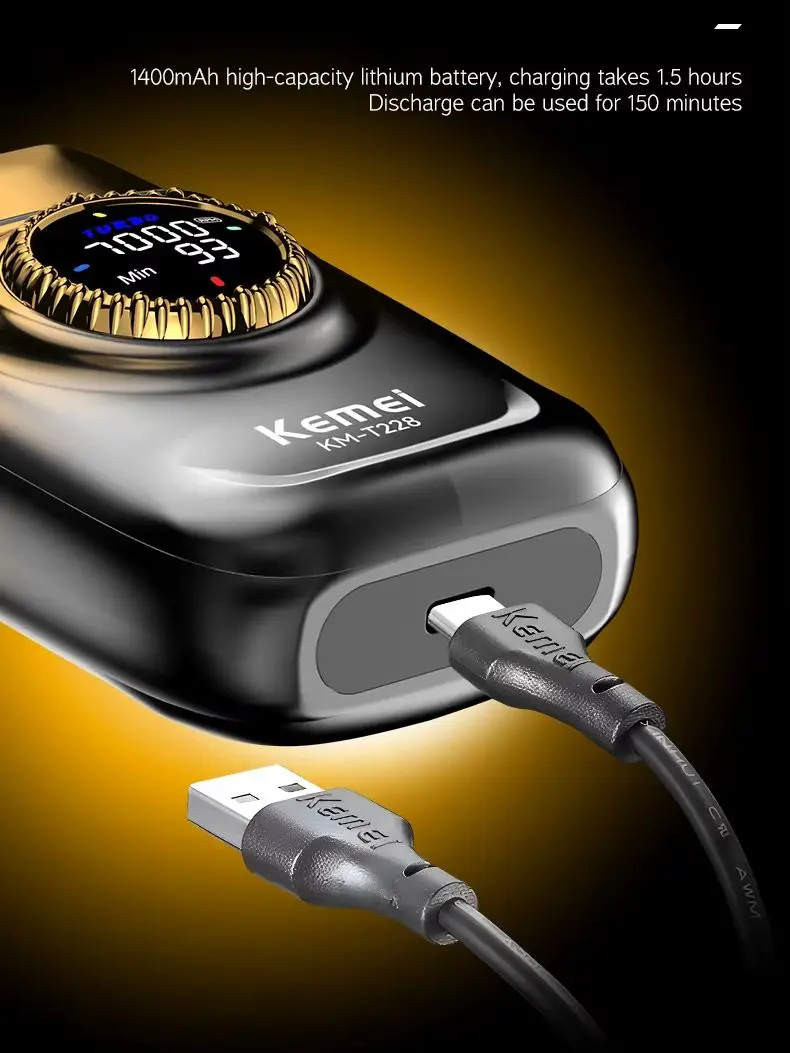 Kemei KM-T228 Electric Rotating Disc Shaver – Rechargeable Lithium Battery, Portable, Washable, 90-Min Runtime