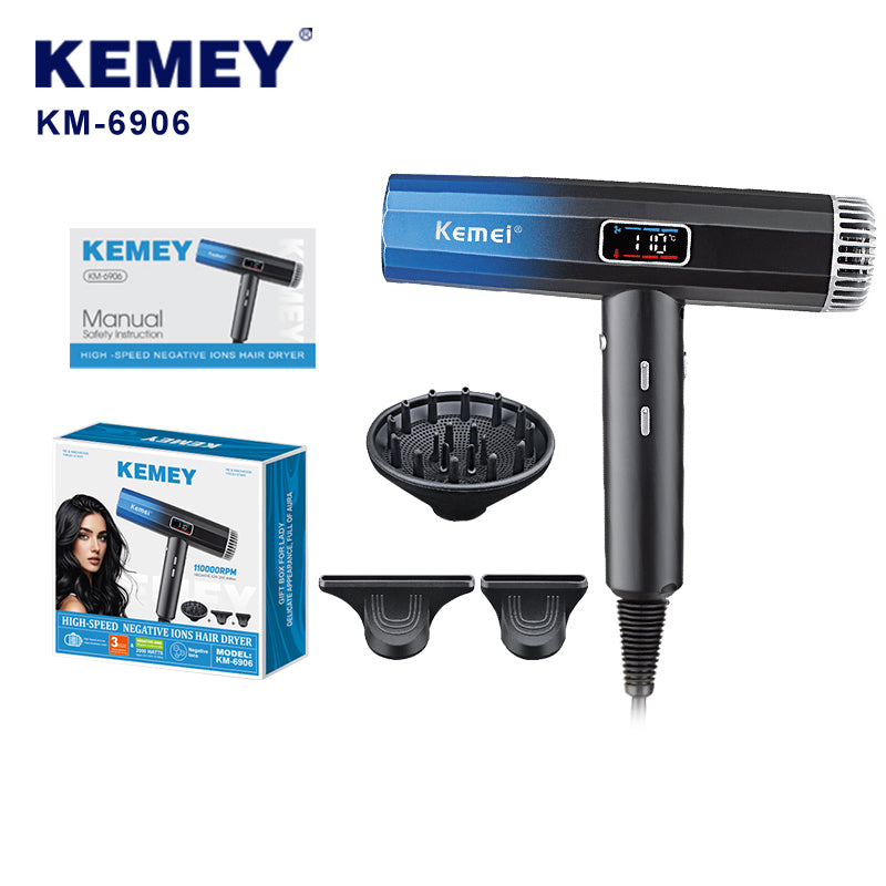 Kemei KM-6906 Professional Hair Dryer – 2000W AC Motor, Ionic Fast Drying, Diffuser Nozzle – High-Speed 110,000 RPM