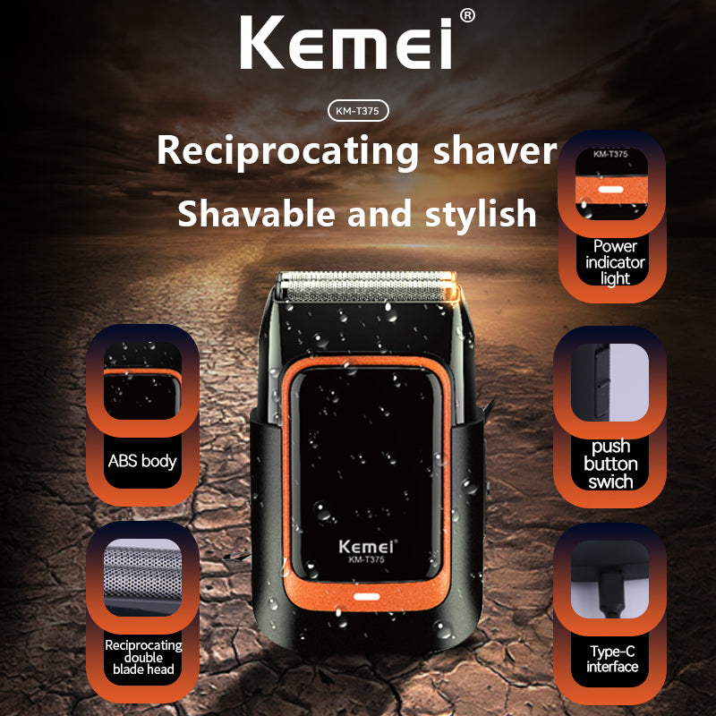 Kemei KM-T375 Foldable Rotary Shaver for Men – Twin Blade, TYPE-C Charging, 600mAh Battery, Metal Body