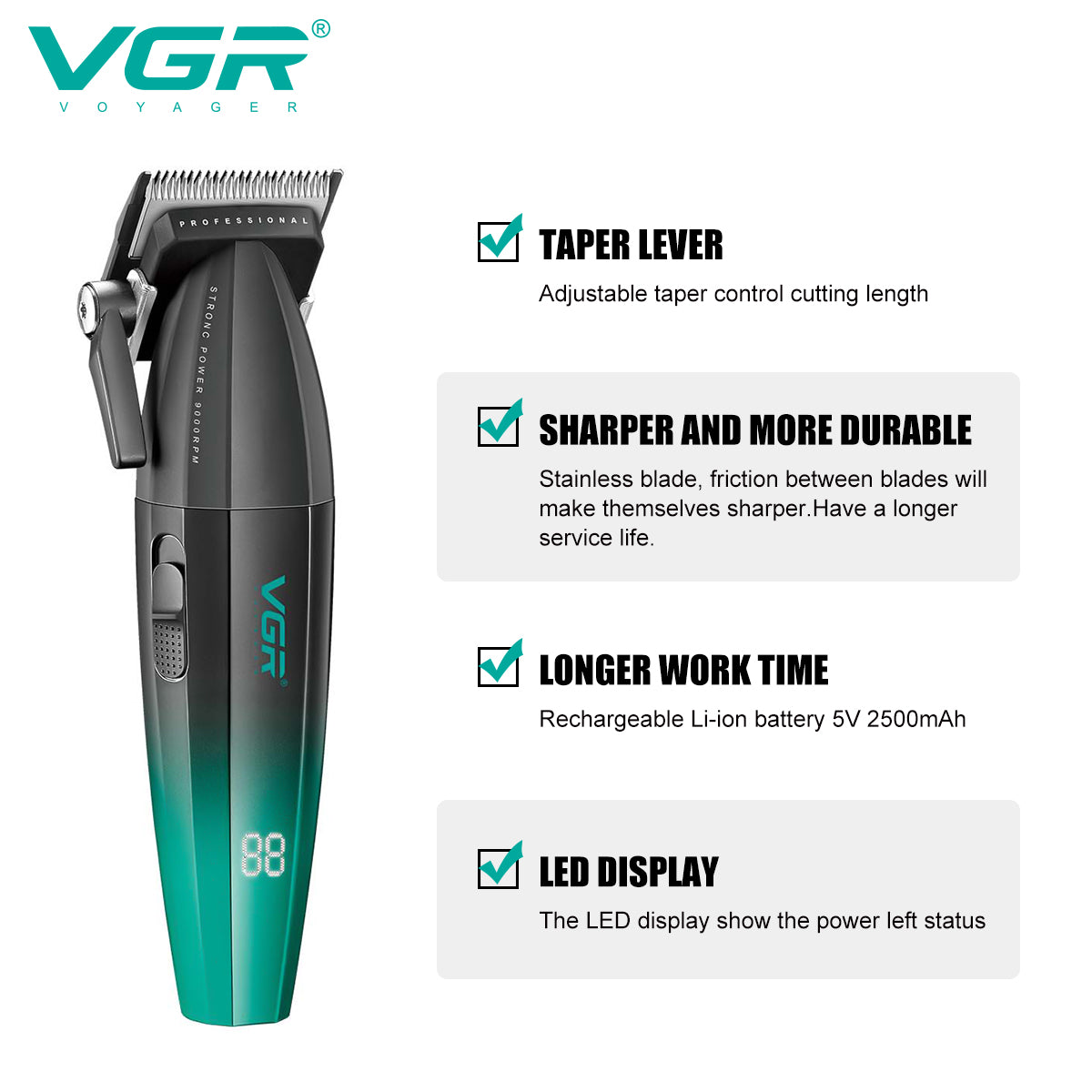 VGR V-003 Professional Rechargeable Hair Clipper – Ceramic Blade