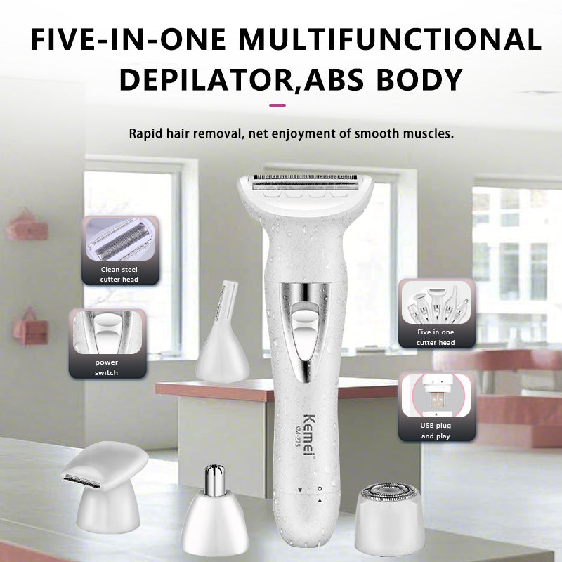 Kemei KM-275 Lady Epilator - Waterproof USB Electric Hair Remover for Face, Body & Legs