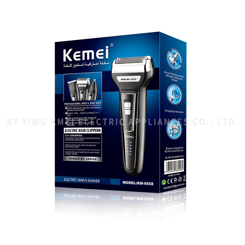 Kemei KM-6558 Rechargeable Electric Shaver – Dual Floating Heads, Wet & Dry Use, 3 Speed Modes